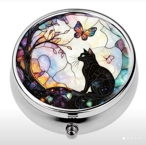 🆕️💊🐱 CAT & BUTTERFLY PORTABLE METAL PILL BOX ORGANIZER WITH MIRROR🦉💊
